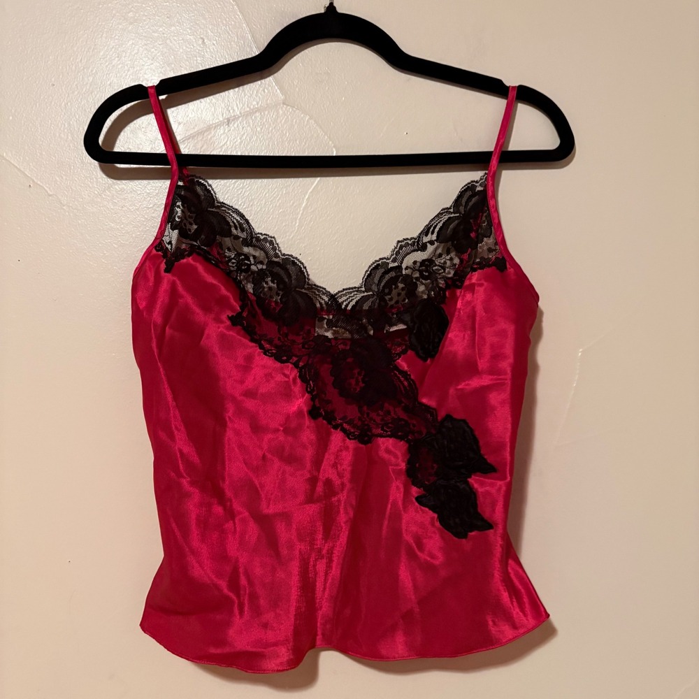 Vintage Victoria's Secret Gold Label Red‎ Satin Black Lace Cami Tank Lingerie S